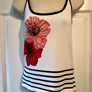 August Silk White & Black Top with Red Floral Design/Embellishments